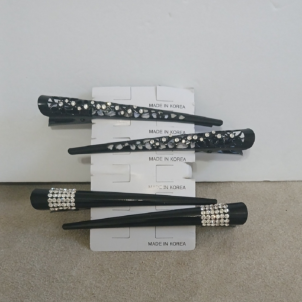 Black Metal Hair Clips with Rhinestones 4 Pcs NEW - Kore